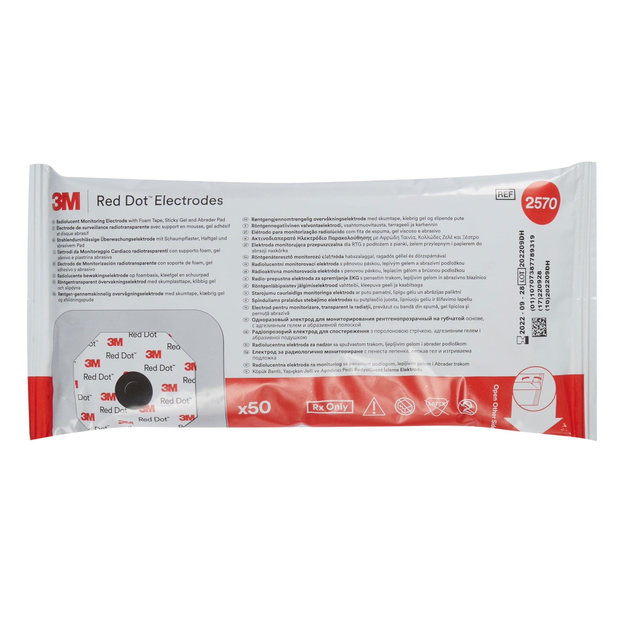 3M Red Dot 2570 Monitoring Electrode ECG - Foam Backing, Radiolucent, Snap Connector - 50/pack - Exp: 2024-08 3M Red Dot 2570 Monitoring Electrode ECG - Foam Backing, Radiolucent, Snap Connector - 50/pack - Exp: 2024-08